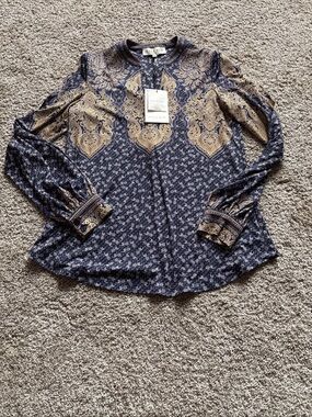 Hale Bob Navy and Gold Paisley Long-Sleeve Blouse